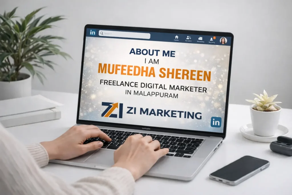 Mufeedha Shereen, Freelance Digital Marketer in Malappuram, Kerala, showcasing ZI Marketing services and portfolio on a laptop screen in a bright, modern office setting